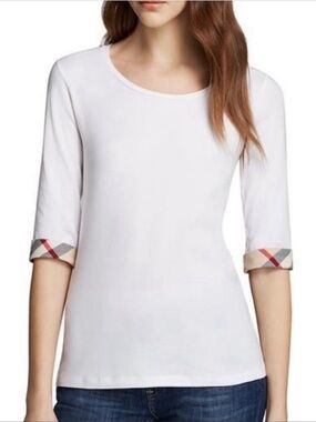 Burberry Cream Scoop Neck 3/4 Sleeve Top with Check Cuff